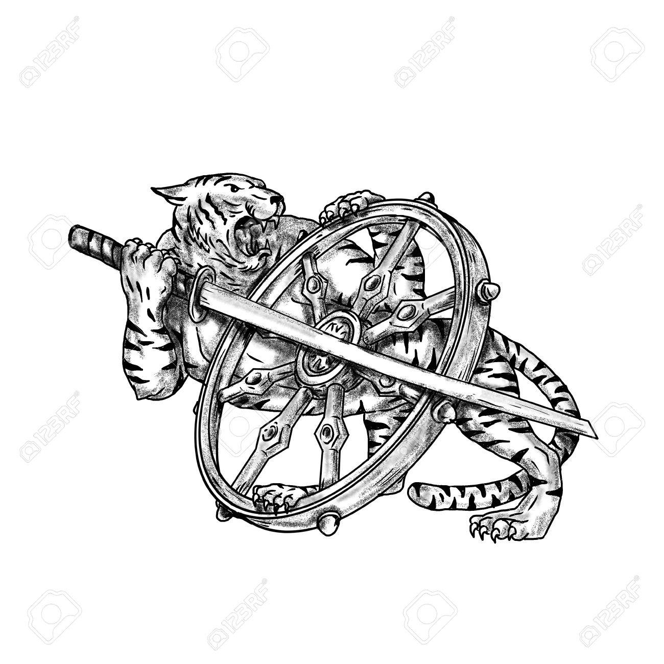 1300x1300 Tattoo Style Illustration Of A Tiger With Katana Samurai Sword