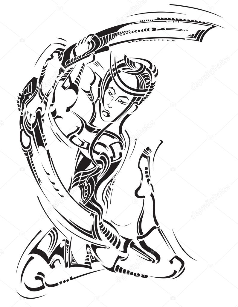 796x1024 Decorative Tattoo With Samurai And Sword Butterfly Stock Vector