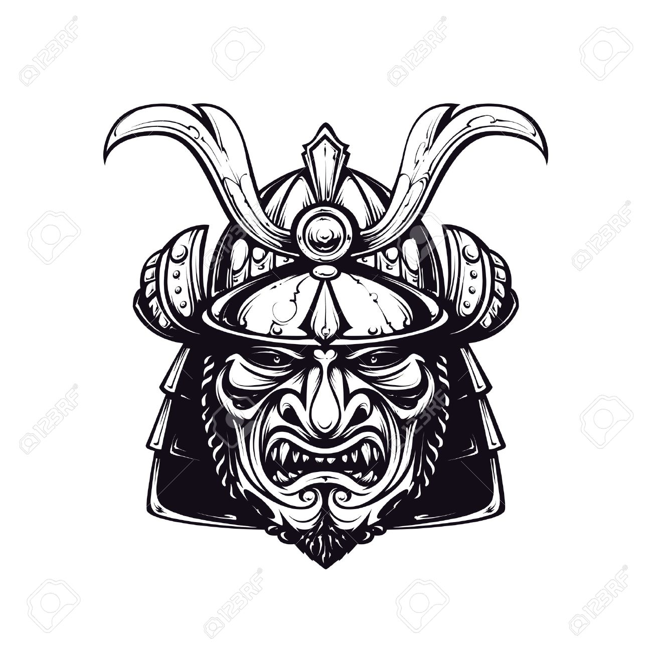 1300x1300 Samurai Mask Clip Art. Black And White Version Isolated On White