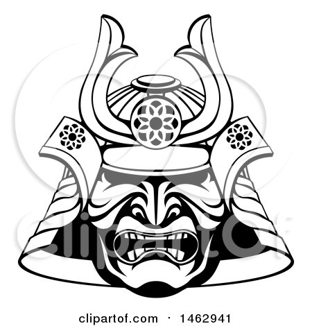 450x470 Clipart Of A Black And White Lineart Skull Asian Samurai Mask