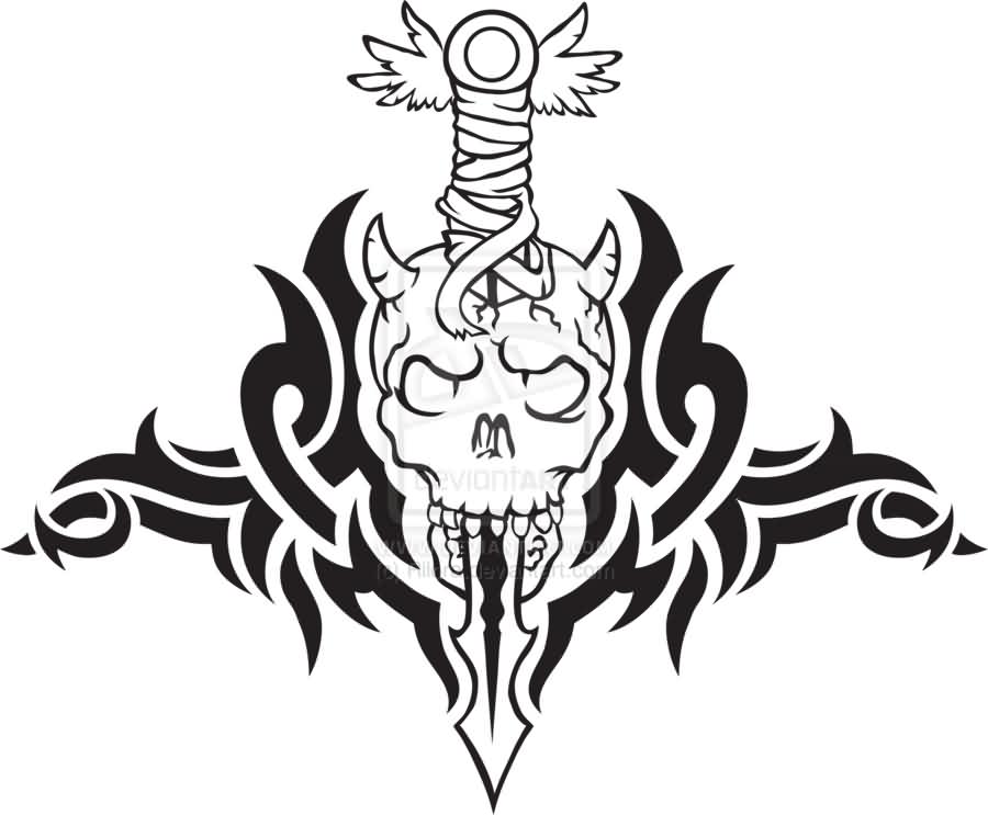 900x743 Black Samurai Sword In Skull Tattoo Stencil