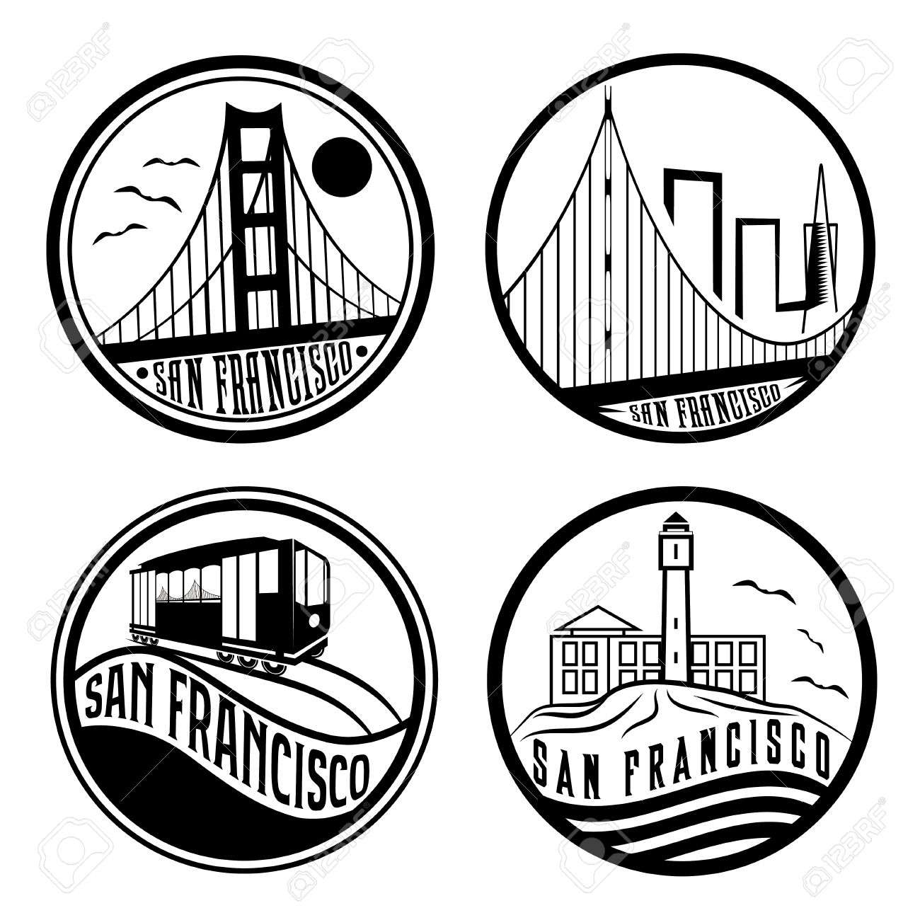 1300x1300 Landmarks Of San Francisco Vintage Labels Set Royalty Free