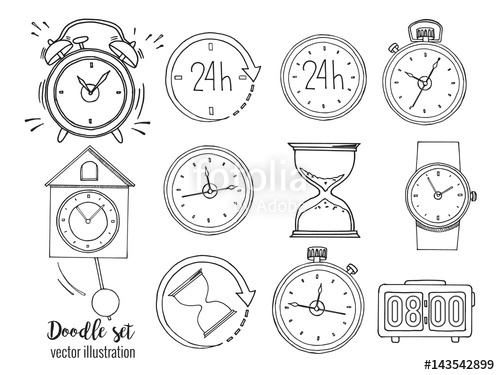 500x375 Set Of Doodle Sketch Watches. Alarm Clocks, Sand Glasses, Stop