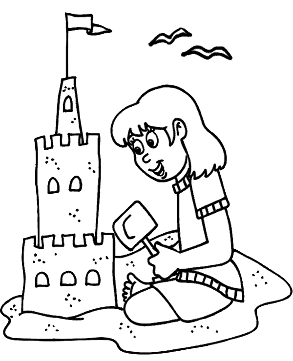 600x740 Girl Building Sand Castle On A Beach To Print Or Download For Free