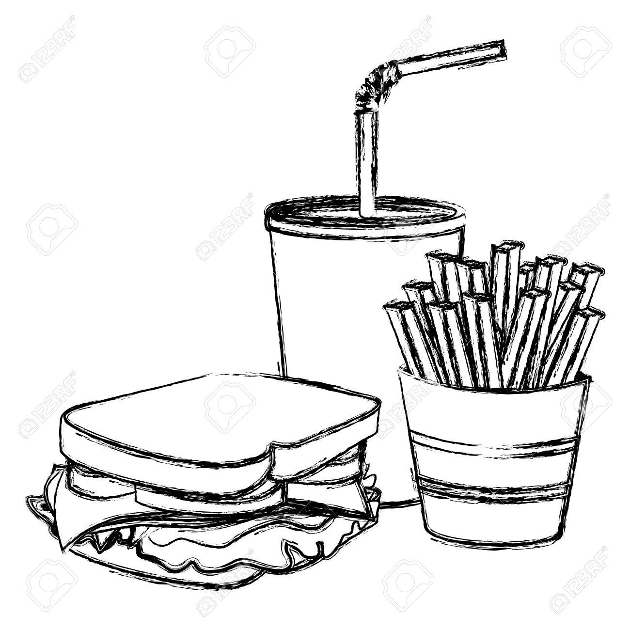 1300x1300 Monochrome Sketch Of Sandwich With French Fries And Soda Vector