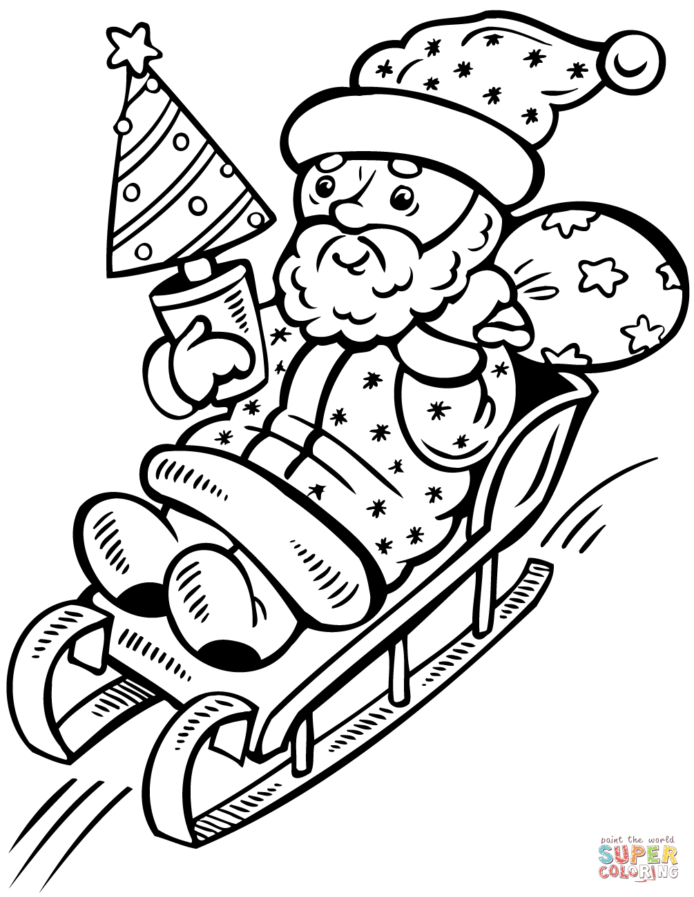 1005x1300 Santa Claus On Sleigh With Christmas Tree Coloring Page Free
