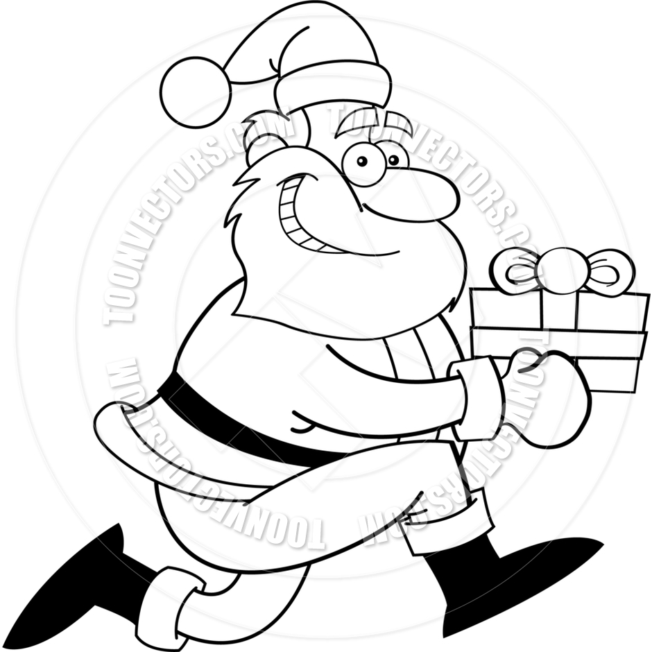 940x940 Cartoon Santa Claus With A Gift (Black And White Line Art) By