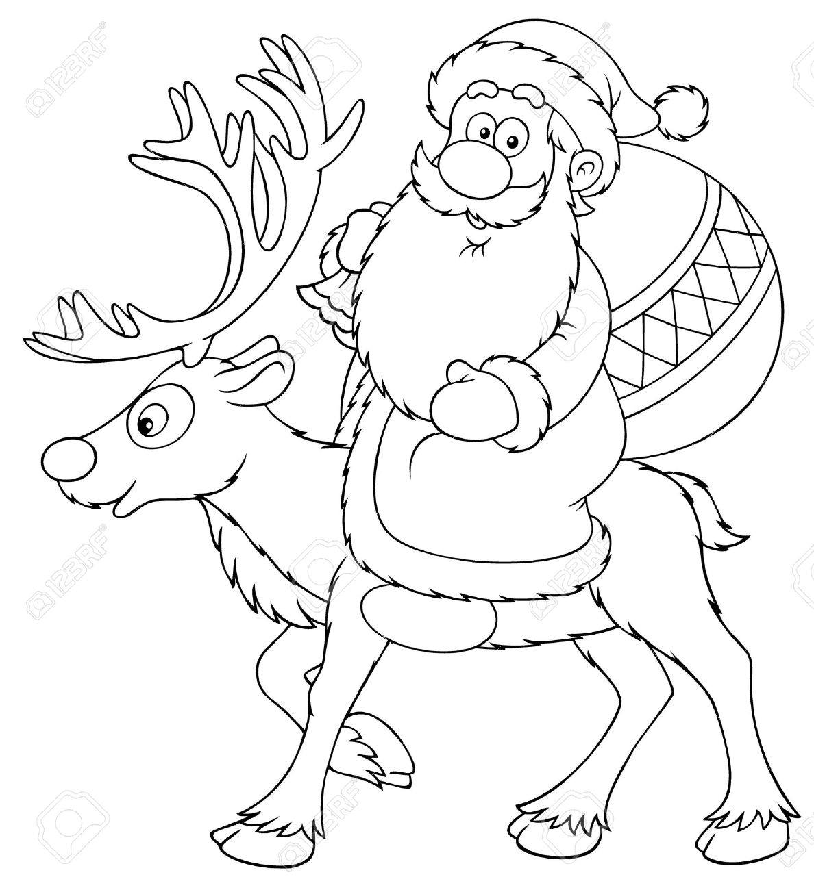 1188x1300 Santa Claus Riding On The Reindeer (Black And White Drawing) Stock