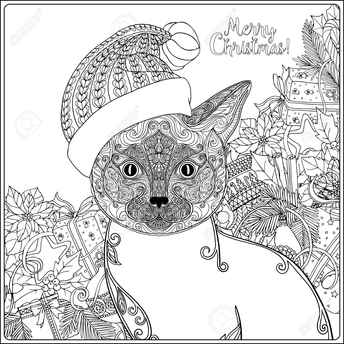 1300x1300 Decorative Patterned Cat In The Hat Of Santa Claus On A Background