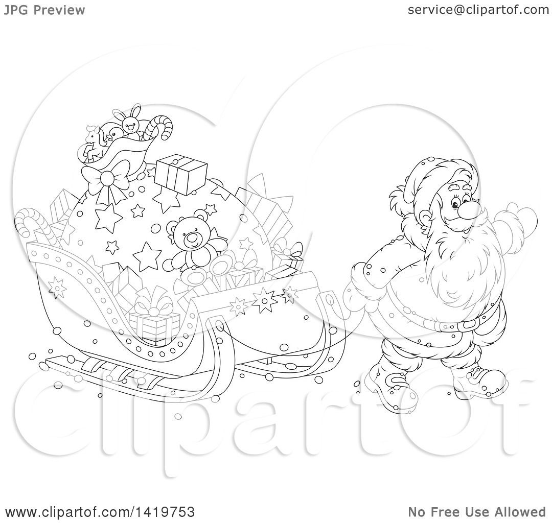 1080x1024 Clipart Of A Black And White Lineart Christmas Santa Claus Pulling