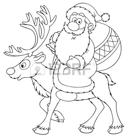 411x450 Santa Claus Riding On The Reindeer (Black And White Drawing) Stock