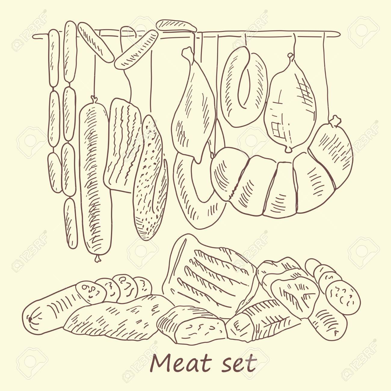 1300x1300 Meat Sausage. Hand Drawing Set Of Vector Sketches Royalty Free