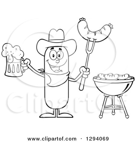 450x470 Clipart Of A Cartoon Black And White Happy Sausage Cowboy