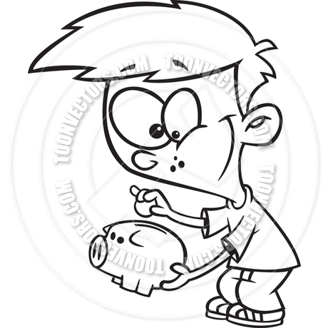 460x460 Cartoon Boy Saving Money In Piggy Bank (Black Amp White Line Art) By