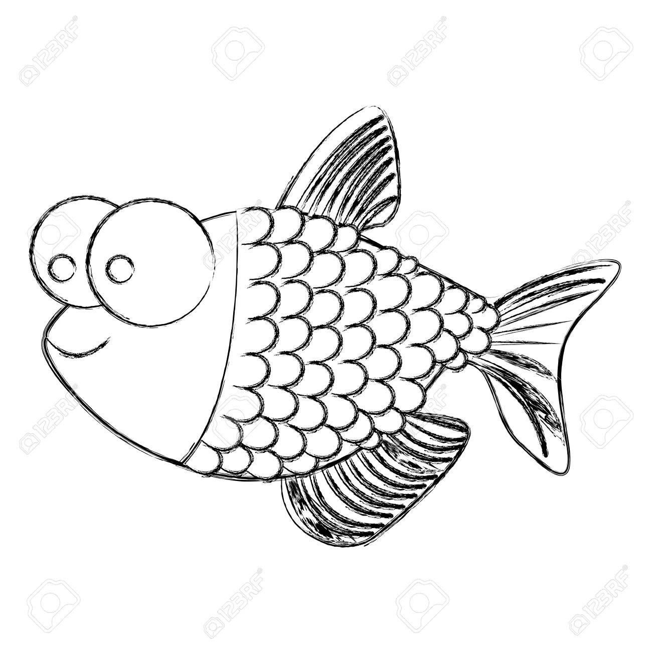 1300x1300 Monochrome Sketch Of Fish With Big Eyes And Scales Vector