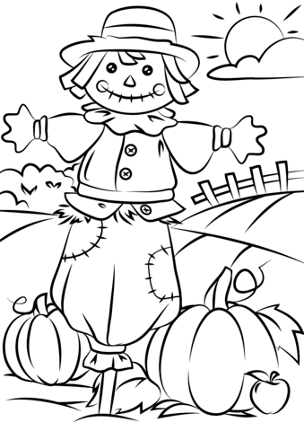 339x480 Autumn Scene With Scarecrow Coloring Page Free Printable