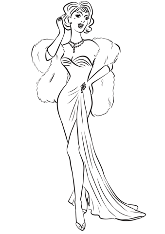 339x480 1930's Woman In Long Dress And Fur Boa Scarf Coloring Page Free