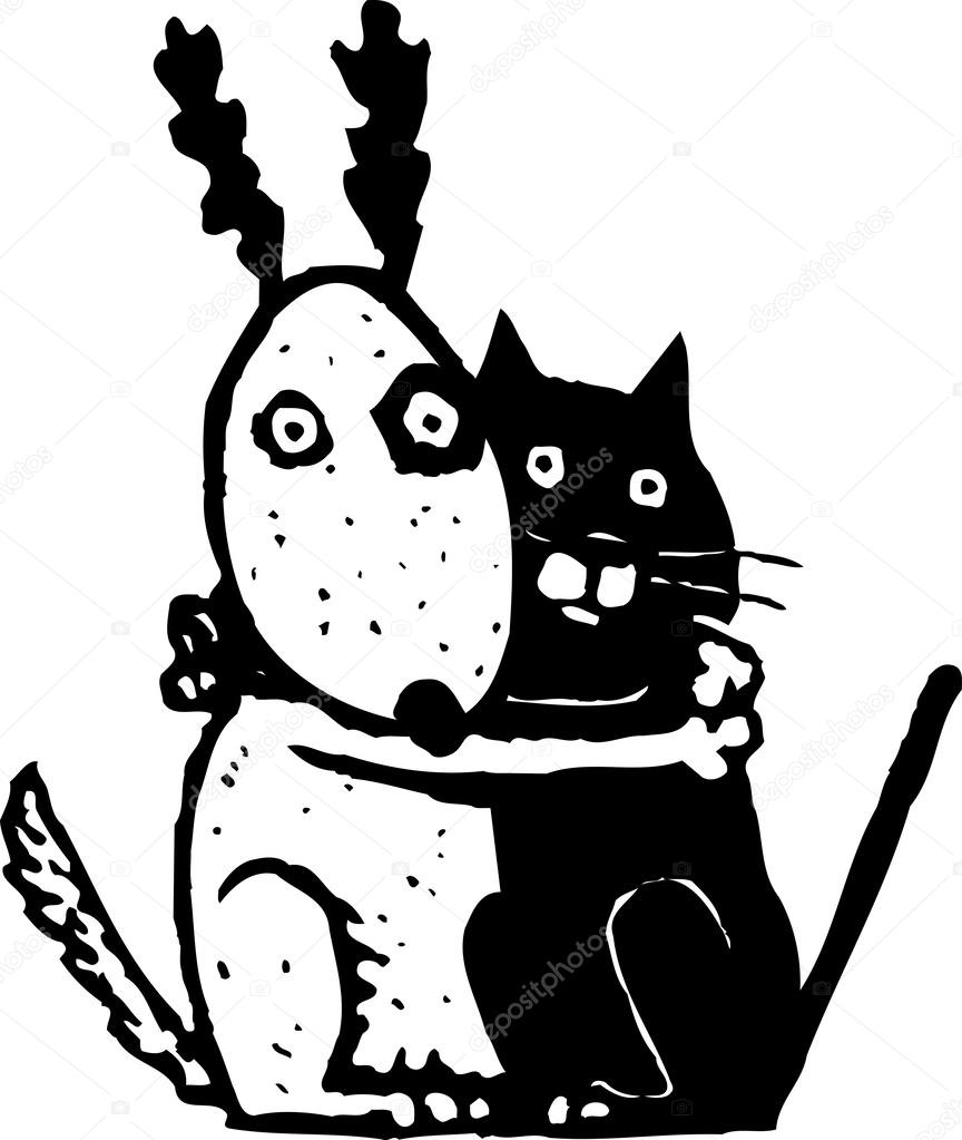 864x1023 Illustration Of Scared Cat And Dog Holding Each Other Stock