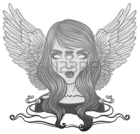 450x428 Line Art Illustration Of Angel Wings, Scary Skull And Flowers
