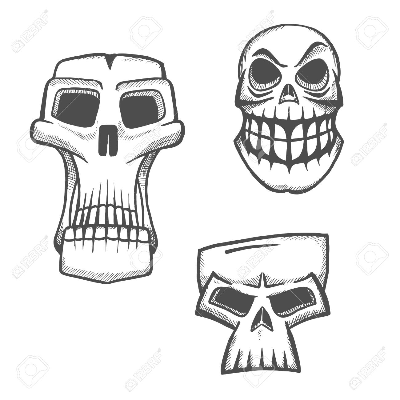 1300x1300 Skull Sketch Icons Set. Halloween Scary Skeleton Face Sign