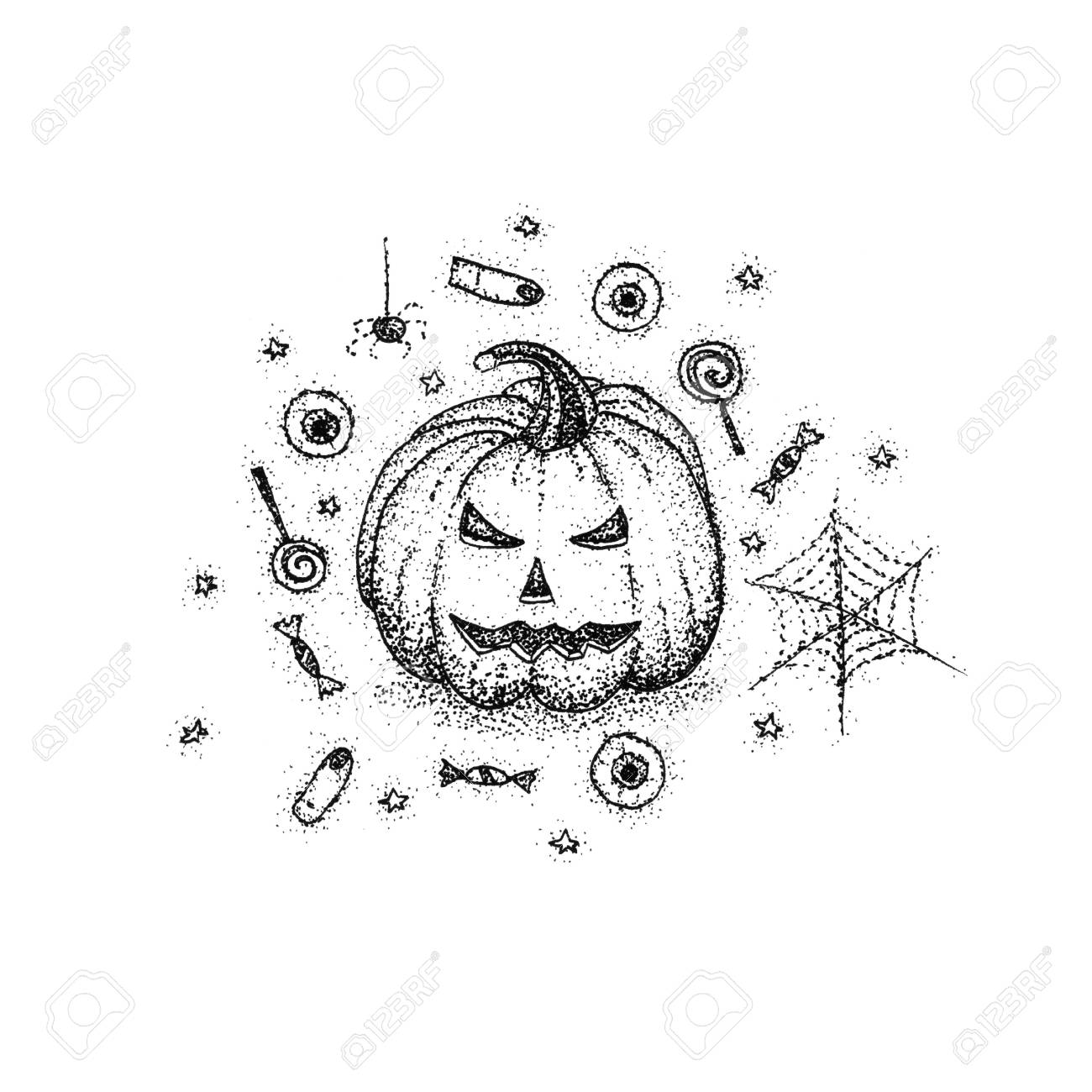 1300x1300 Halloween Pumpkin Dotwork. Raster Illustration Of Creepy Concept