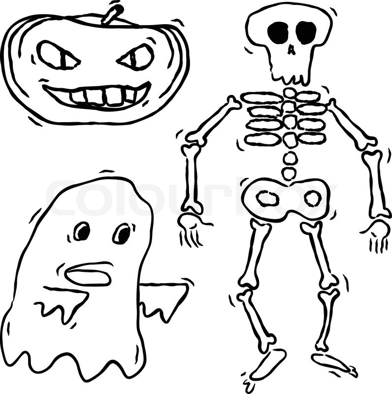 796x800 Hand Drawn Spooky Ghost, Skeleton And Pumpkin Stock Vector