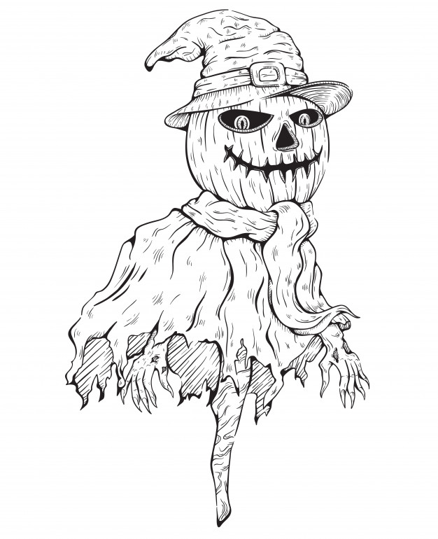 626x770 Sketchy Style Of Scary Scarecrow With Witch Hat Vector Premium