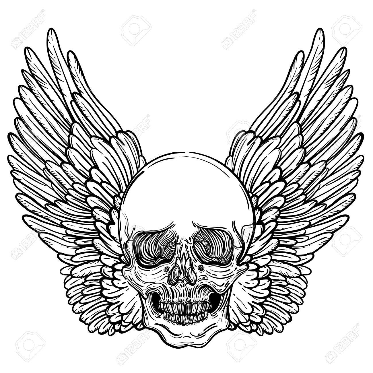 1300x1300 Line Art Illustration Of Angel Wings, Scary Skull. Vintage Print