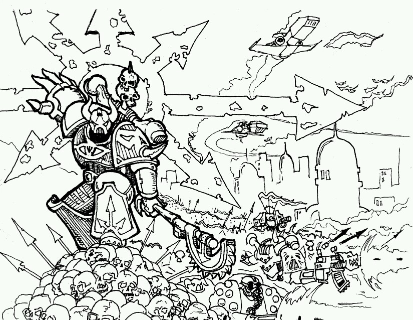 825x638 Line Drawing Of Warhammer 40,000 Chaos Space Marine Battle Scene