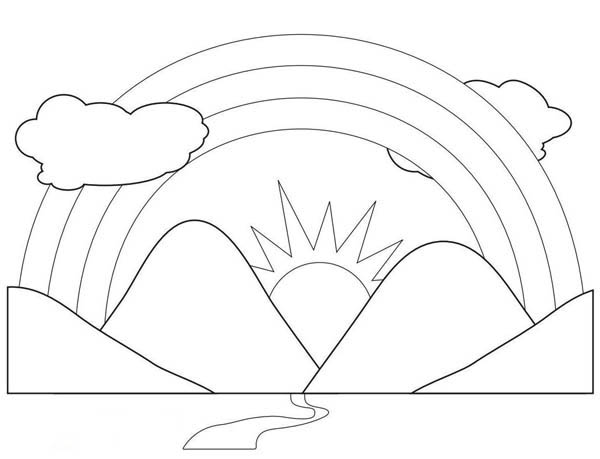 600x459 A Scenic View Of Rainbow Behind The Mountains Coloring Page