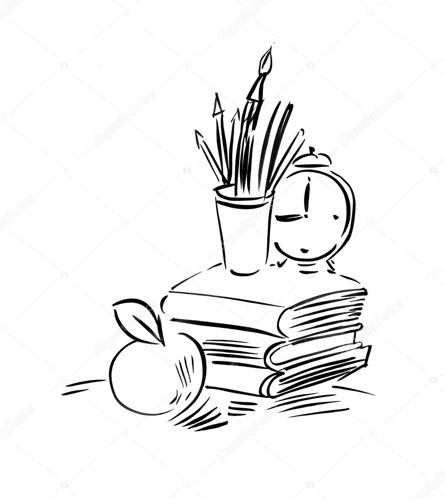 912x1023 Back To School, Black And White Line Drawing, Isolated On White