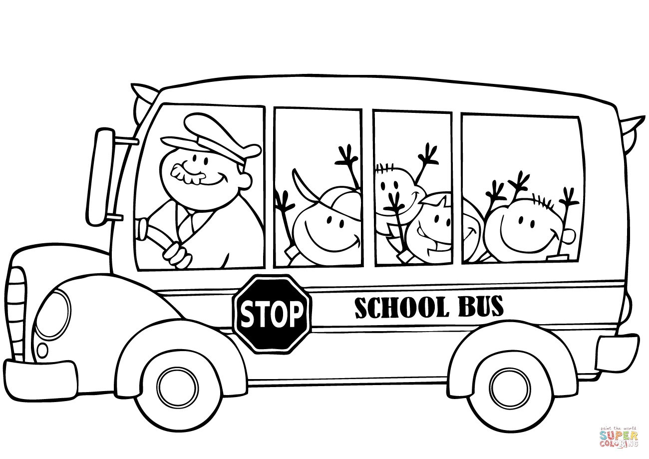 1300x919 School Bus With Happy Children Coloring Page Free Printable