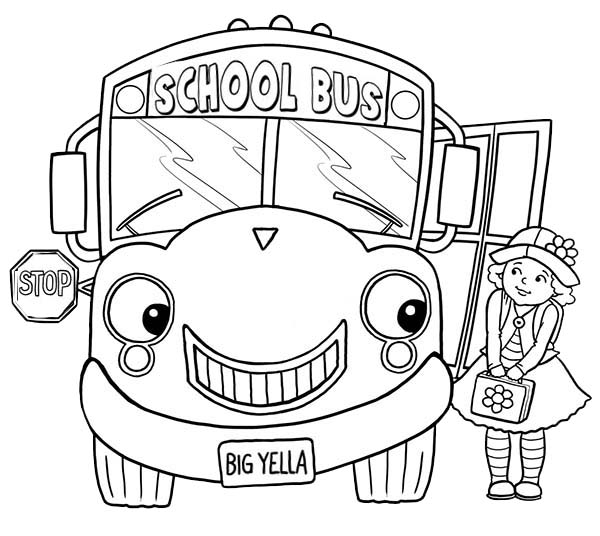 600x536 Little Girl And School Bus On First Day Of School Coloring Page