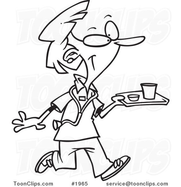 581x600 Cartoon Black And White Line Drawing A Nurse Carrying A Tray