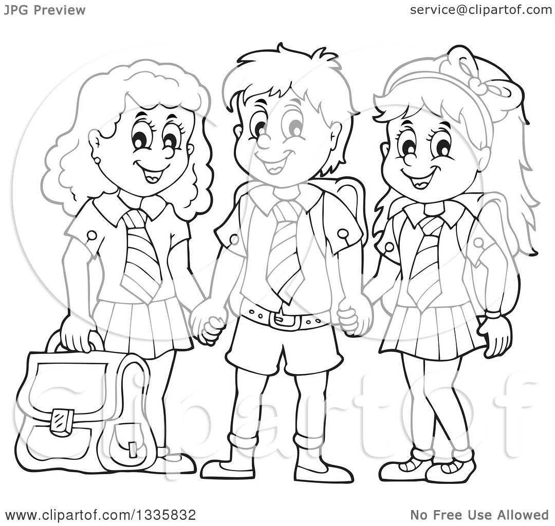 1080x1024 Clipart Of Cartoon Black And White Happy School Children Wearing