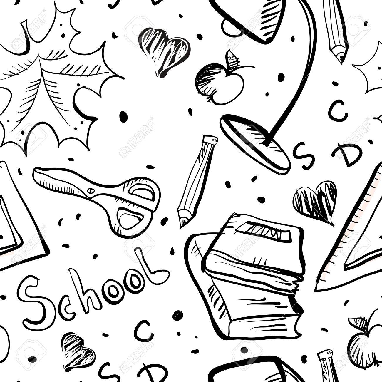 1300x1300 Back To School Seamless Pattern In Black And White. Child Cartoon