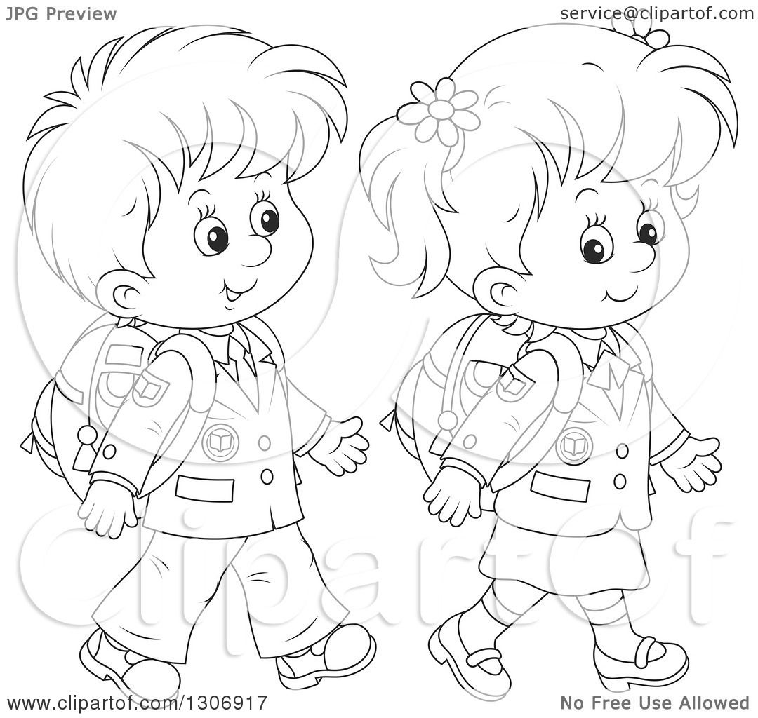 1080x1024 Lineart Clipart Of Cartoon Black And White Happy School Children