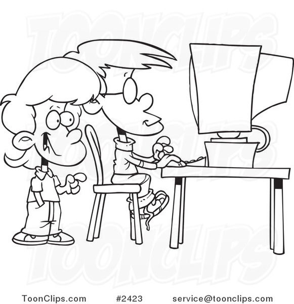 581x600 Cartoon Blacknd White Line Drawing Of School Children Using