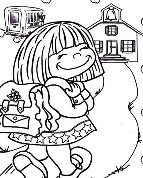600x745 Cute Little Girl On Her First Day Of School Coloring Page