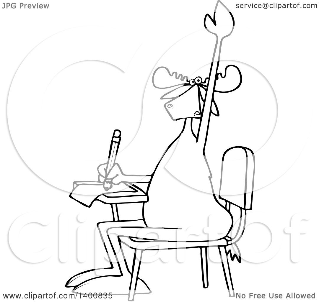 1080x1024 Clipart Of A Cartoon Black And White Lineart Moose Student Raising