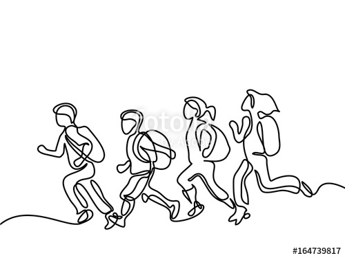 500x375 Kids Running Back To School With Bags. Continuous Line Drawing