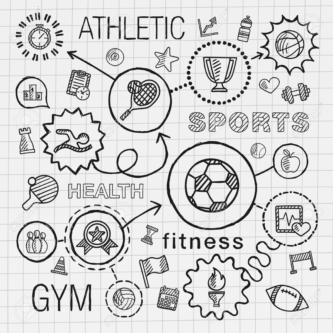 1300x1300 Sport Hand Draw Integrated Icons Set. Vector Sketch Infographic