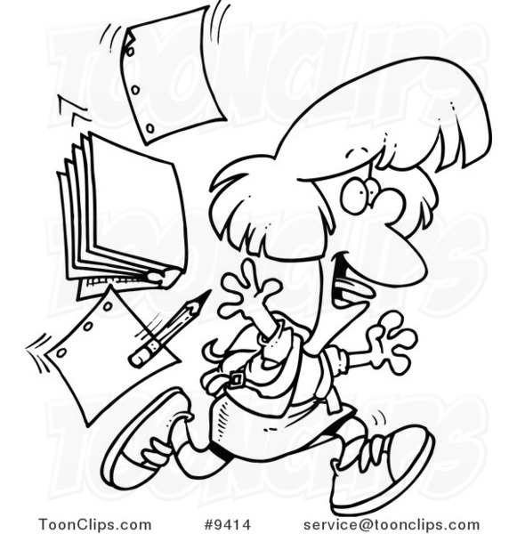 581x600 Cartoon Black And White Line Drawing Of A Happy School Girl