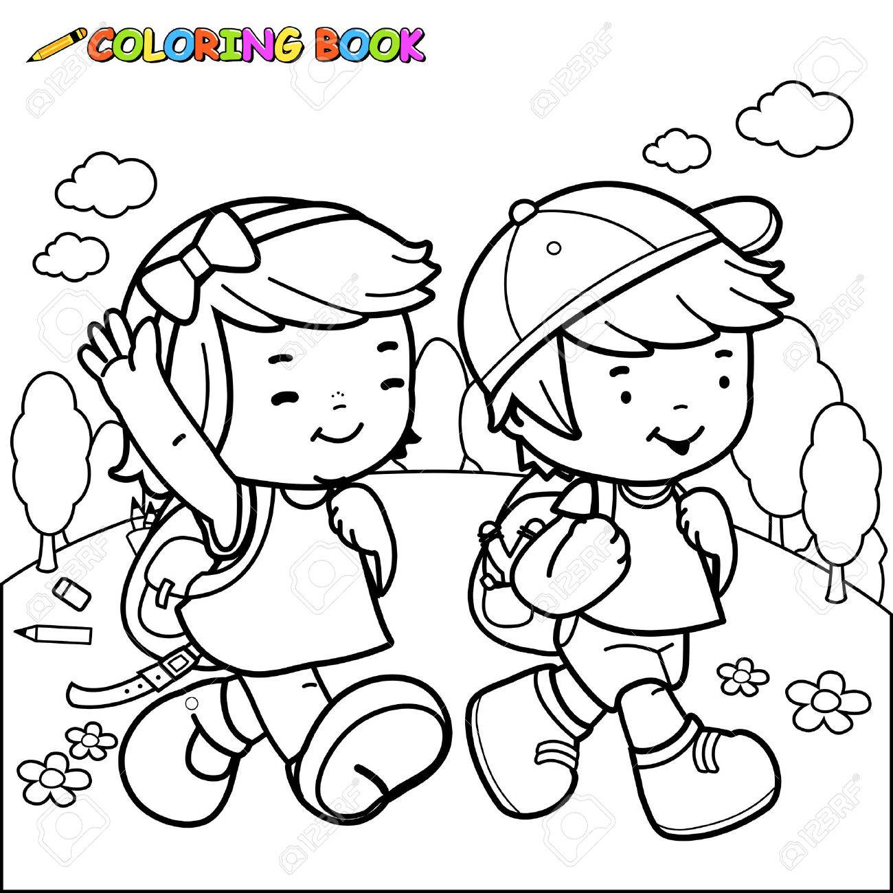 1300x1300 Children Walk To School. Coloring Book Page Royalty Free Cliparts
