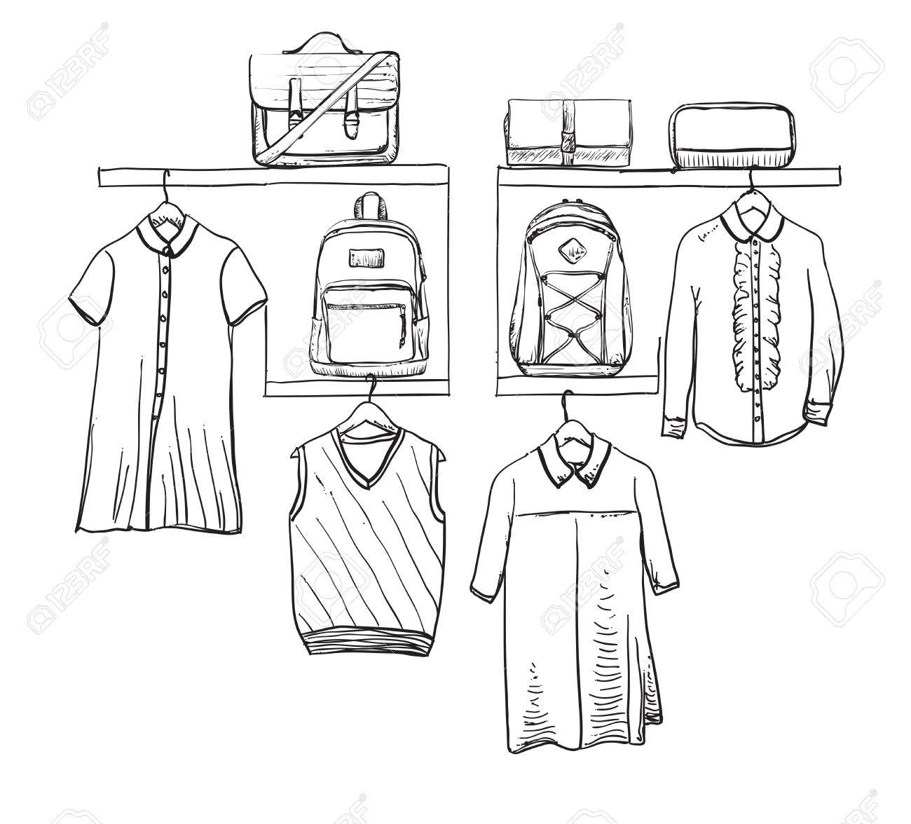 1300x1176 School Uniform. Hand Drawn Clothes On The Hanger. Backpack Royalty