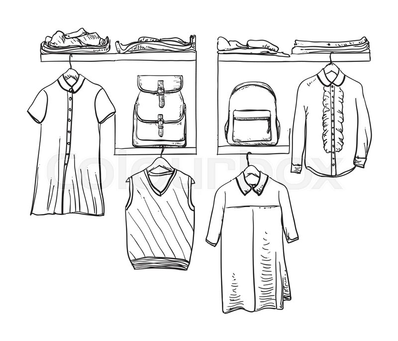 800x685 School Uniform. Hand Drawn Clothes On The Hanger. Backpack Stock