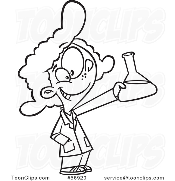581x600 Cartoon Outline School Girl Holding Up A Beaker In Science Class