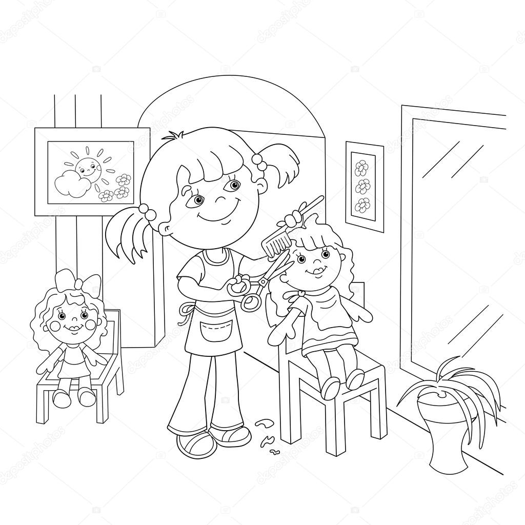 1024x1024 Coloring Page Outline Of Girl Playing In The Barber Shop Stock