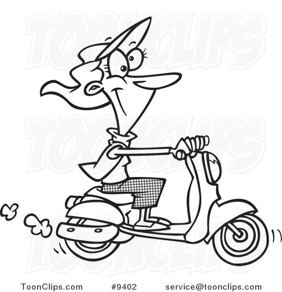 581x600 Cartoon Black And White Line Drawing Of A Lady On A Scooter