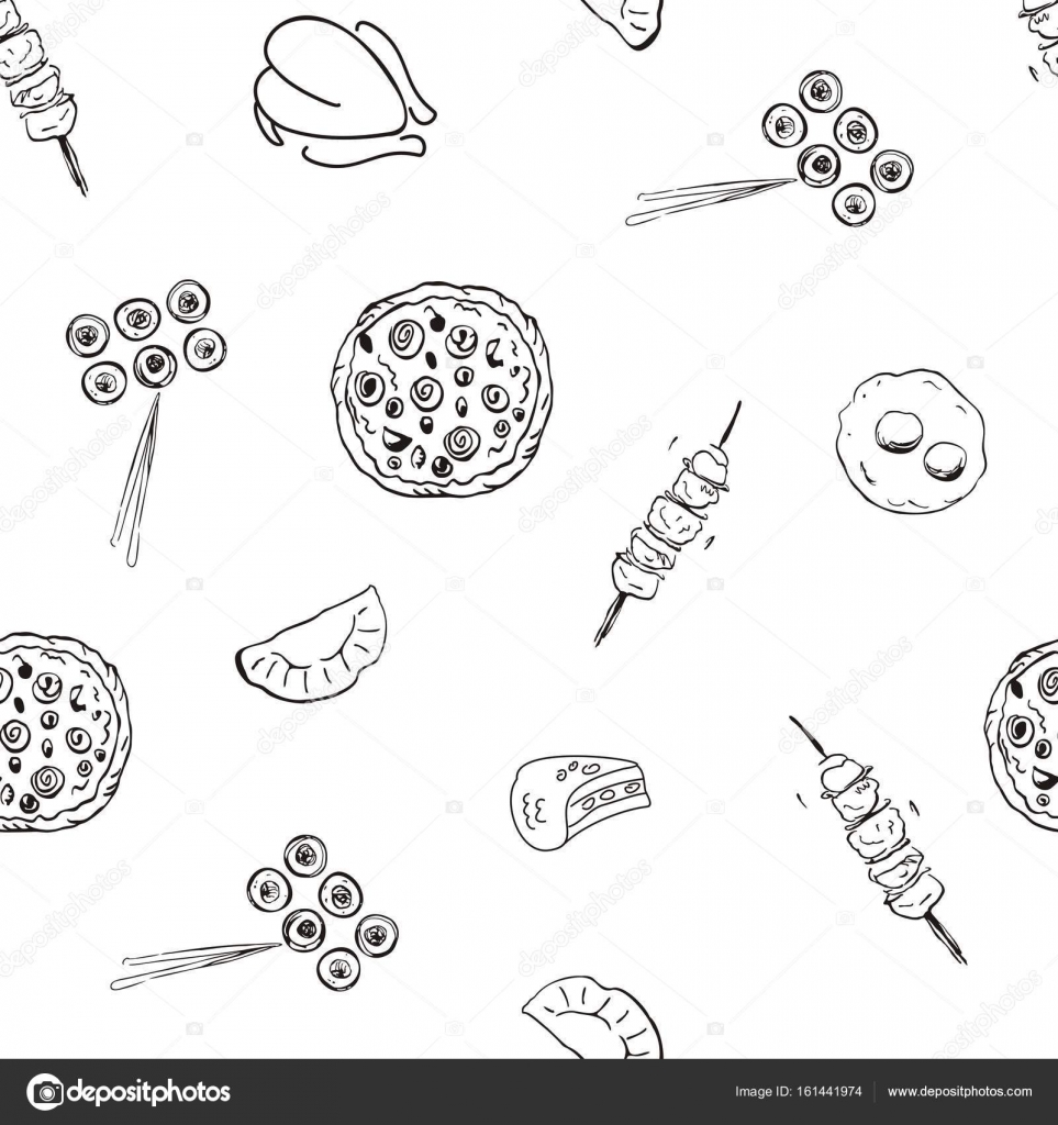 963x1024 Seamless Pattern With Food On White Background. Pizza, Kebab